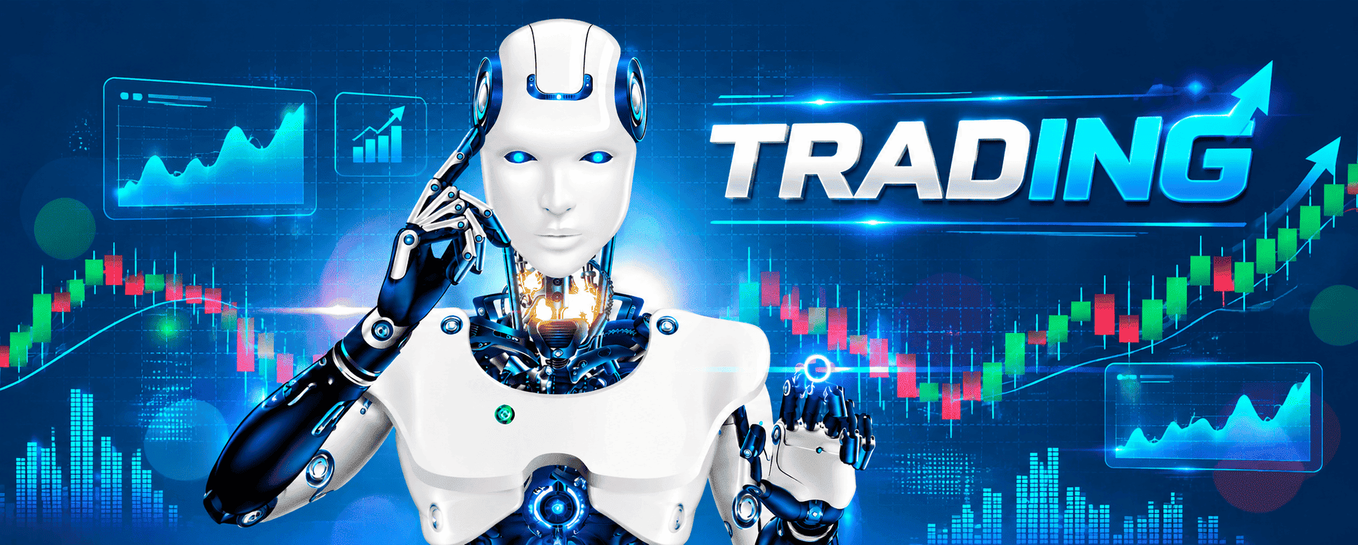 The Forex Chef beside a trading robot and market charts, with Trading Around the World and Food, Health, Wealth icons
